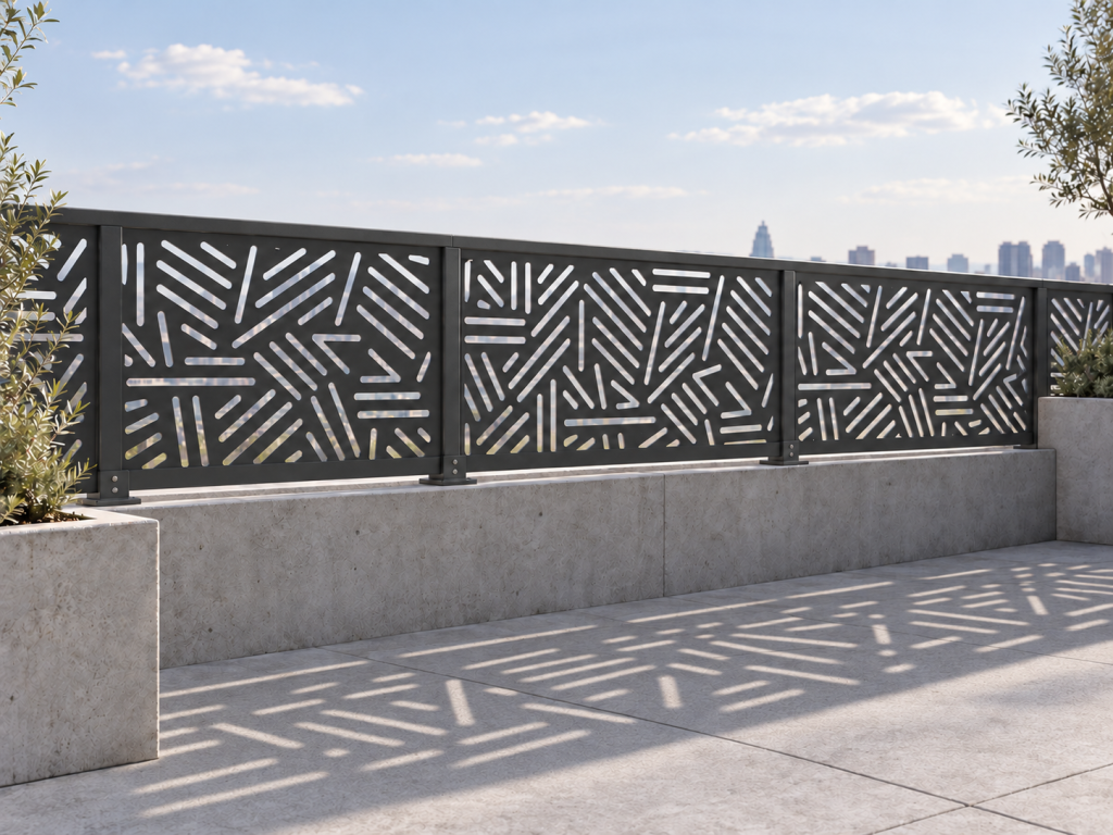 Guarda-corpo metálico contínuo no terraço com rasgos geométricos recortados a laser — estudo conceitual, não obra executada