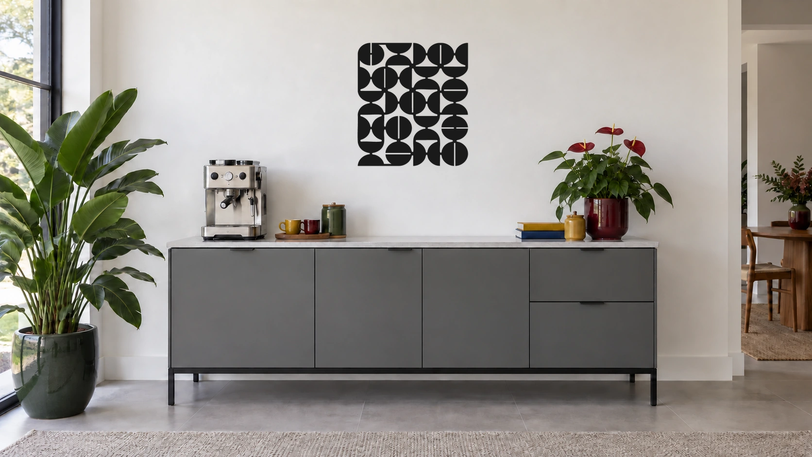 Cadência preto, quadro geométrico de uma peça, tamanho 40 cm, em ambiente residencial