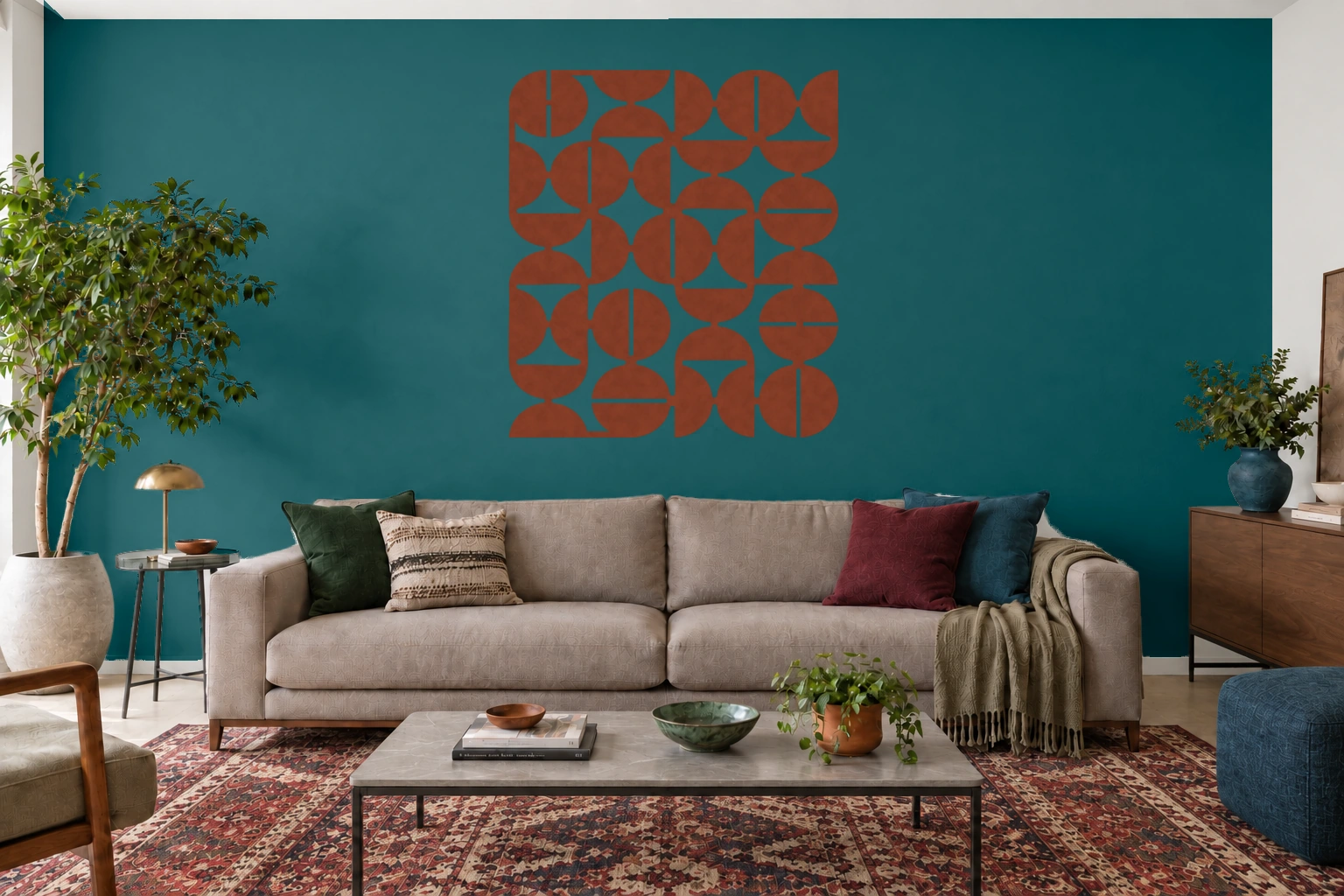 Cadência em aço corten, quadro geométrico de uma peça, tamanho 100 cm, em ambiente residencial