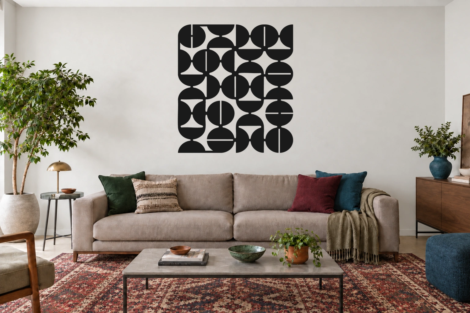 Cadência preto, quadro geométrico de uma peça, tamanho 100 cm, em ambiente residencial