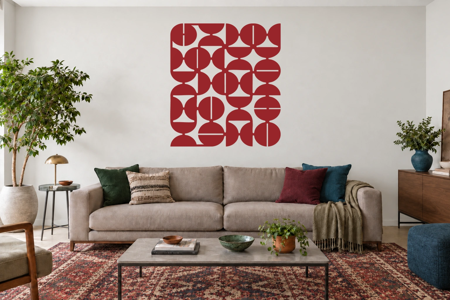 Cadência vermelho, quadro geométrico de uma peça, tamanho 100 cm, em ambiente residencial