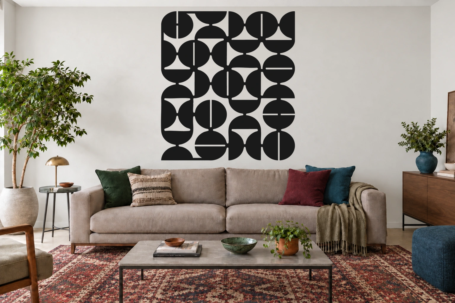 Cadência preto, quadro geométrico de uma peça, tamanho 120 cm, em ambiente residencial