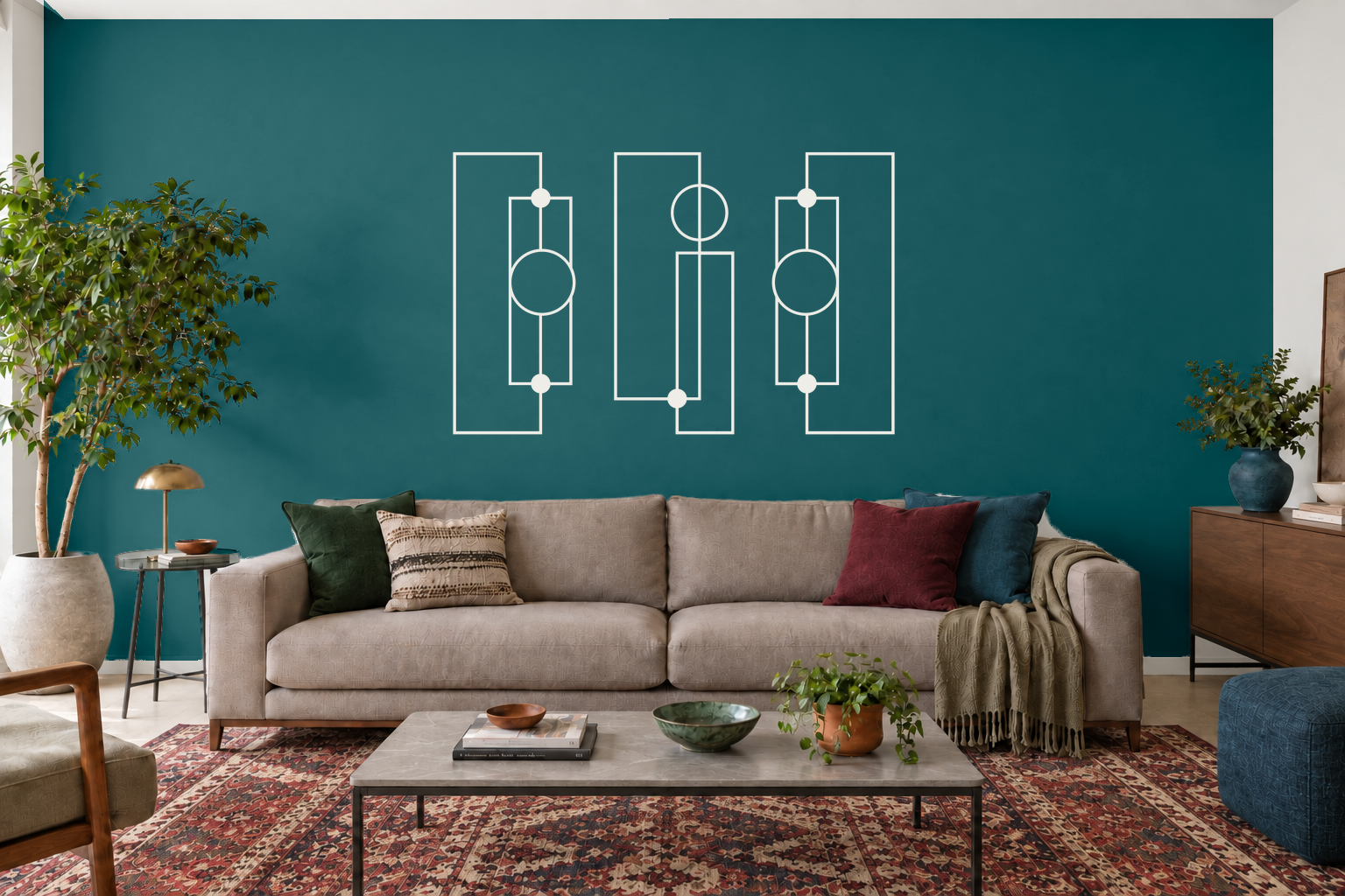 Órbita Linear branco, composição metálica de três módulos, tamanho 120 cm, em ambiente residencial