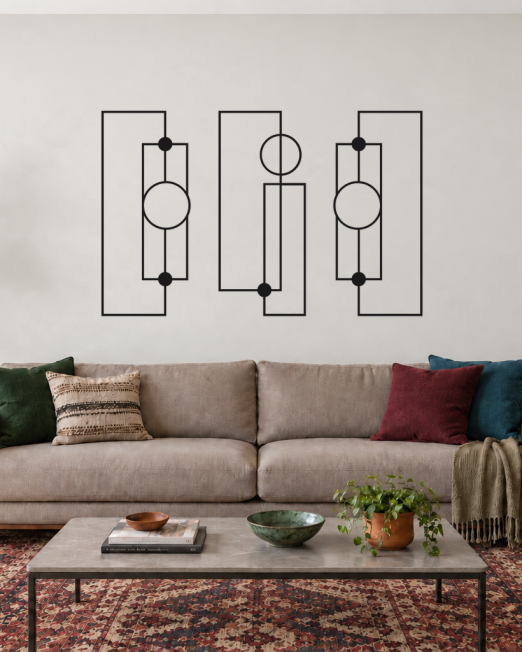 Órbita Linear preto, composição metálica de três módulos, tamanho 120 cm, em ambiente residencial