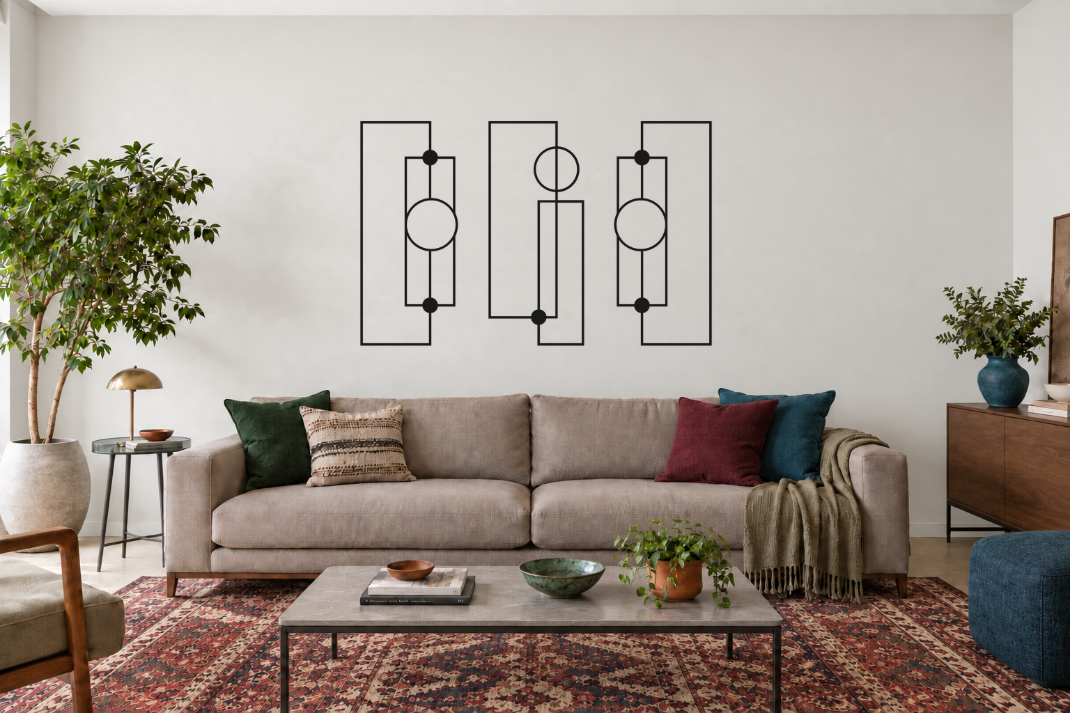 Órbita Linear preto, composição metálica de três módulos, tamanho 120 cm, em ambiente residencial