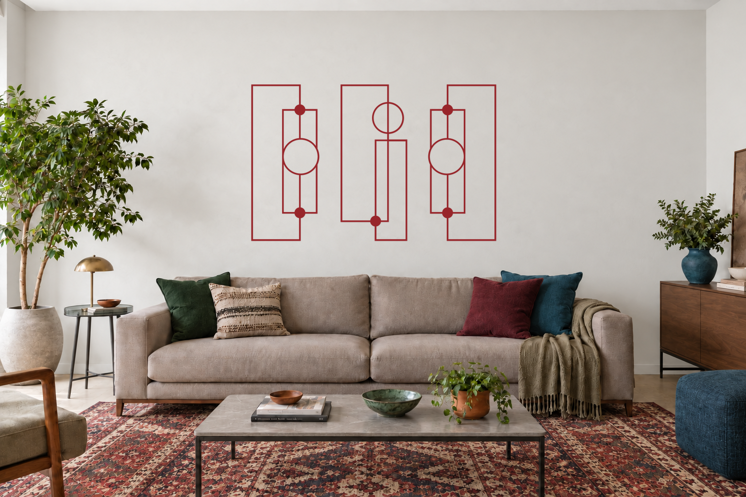 Órbita Linear vermelho, composição metálica de três módulos, tamanho 120 cm, em ambiente residencial