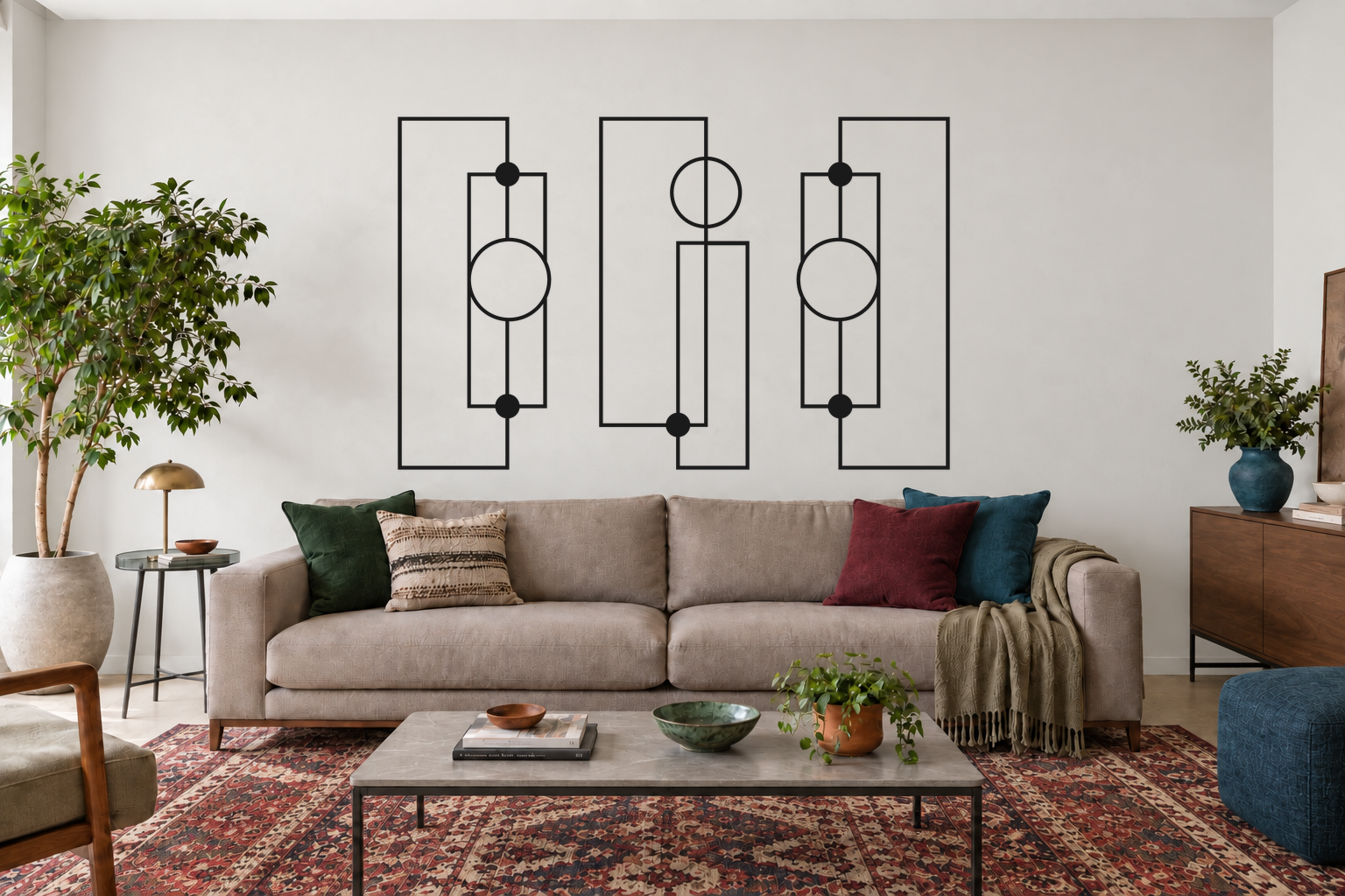 Órbita Linear preto, composição metálica de três módulos, tamanho 150 cm, em ambiente residencial