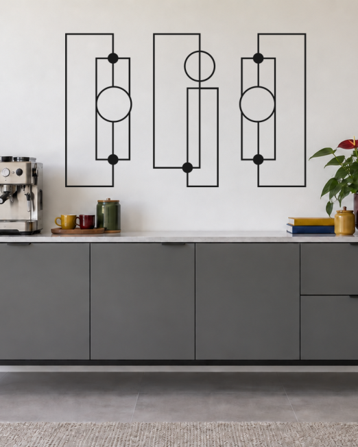 Órbita Linear preto, composição metálica de três módulos, tamanho 80 cm, em ambiente residencial
