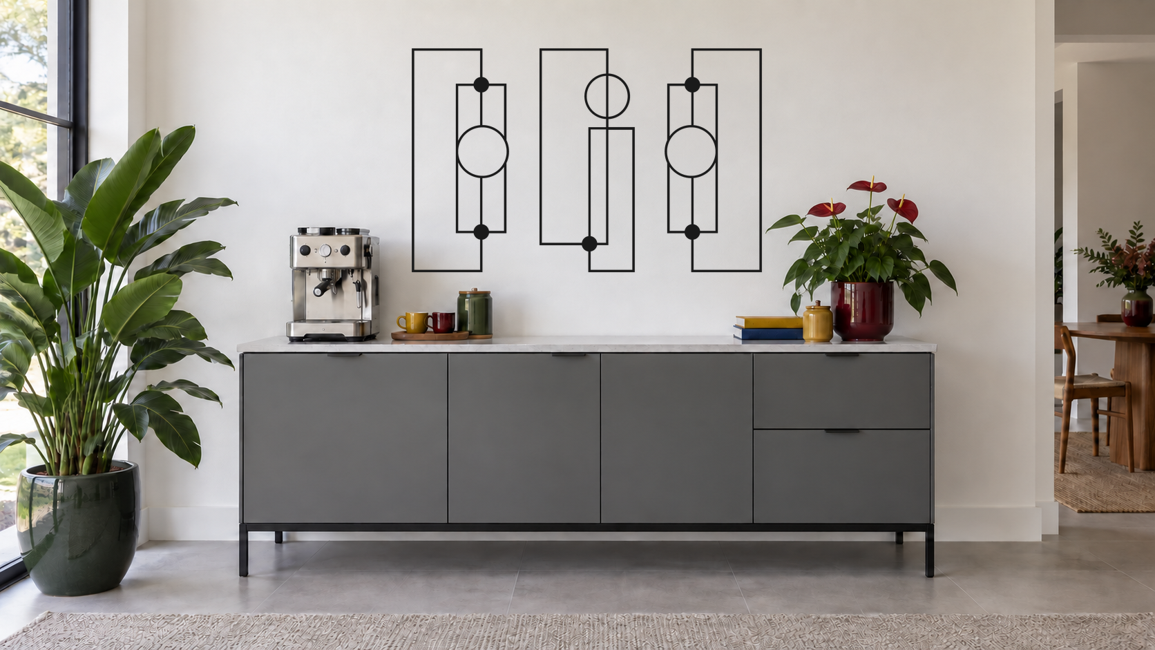 Órbita Linear preto, composição metálica de três módulos, tamanho 80 cm, em ambiente residencial
