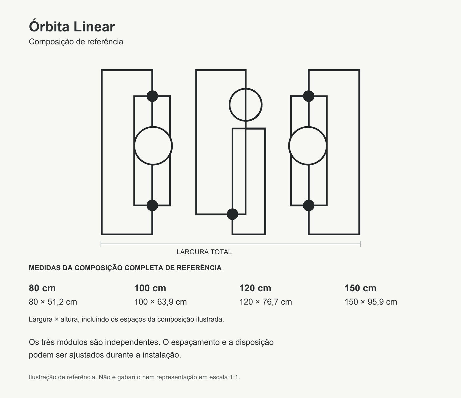 Órbita Linear — três módulos independentes e dimensões totais de referência nos tamanhos 80, 100, 120 e 150 cm