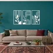 Ritmo Botânico branco, composição metálica de três módulos, tamanho 120 cm, em ambiente residencial