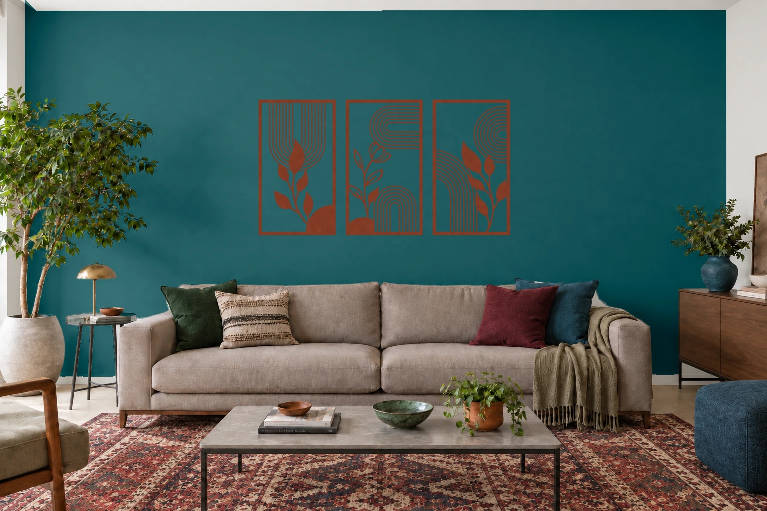 Ritmo Botânico em aço corten, composição metálica de três módulos, tamanho 120 cm, em ambiente residencial