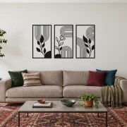 Ritmo Botânico preto, composição metálica de três módulos, tamanho 120 cm, em ambiente residencial