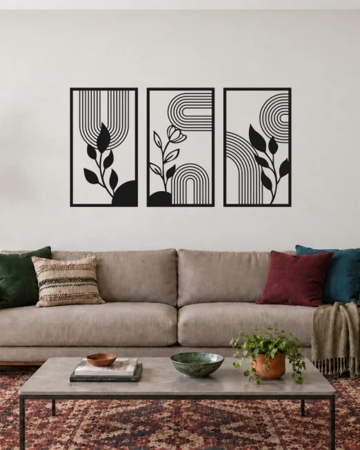 Ritmo Botânico preto, composição metálica de três módulos, tamanho 120 cm, em ambiente residencial