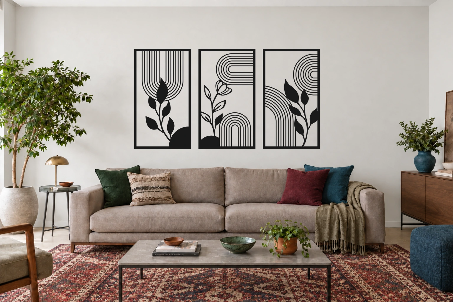 Ritmo Botânico preto, composição metálica de três módulos, tamanho 150 cm, em ambiente residencial